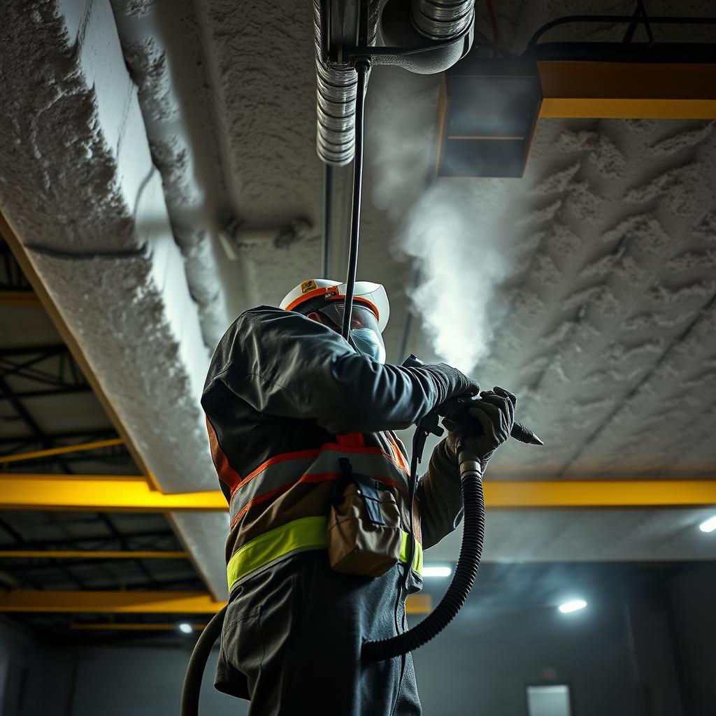 Spray contractor applying foam insulation on a commercial building — high-energy industrial photography
